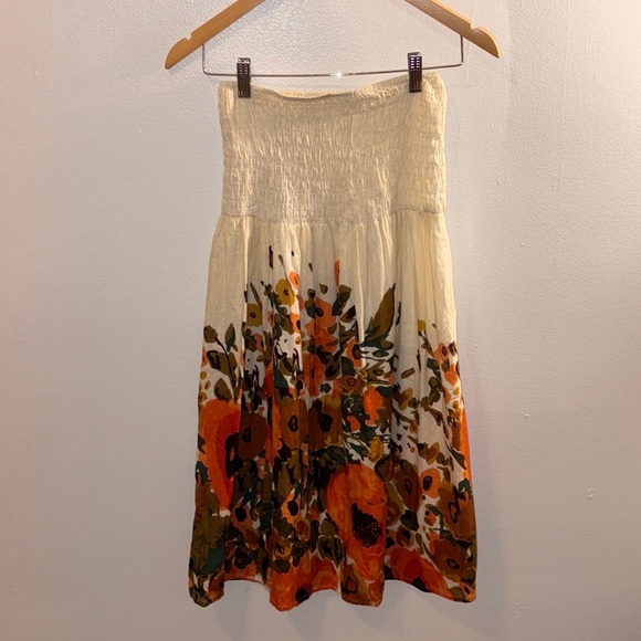 Floral‎ Y2K Style Cream and Orange Smocked Midi Dress Medium - Picture 2 of 6